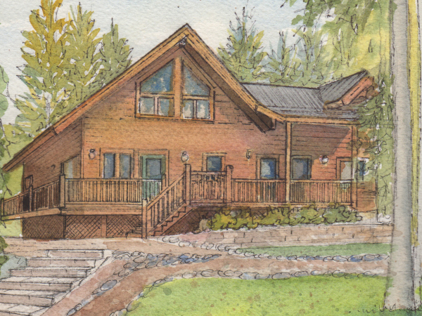 Home painted in watercolor with ink